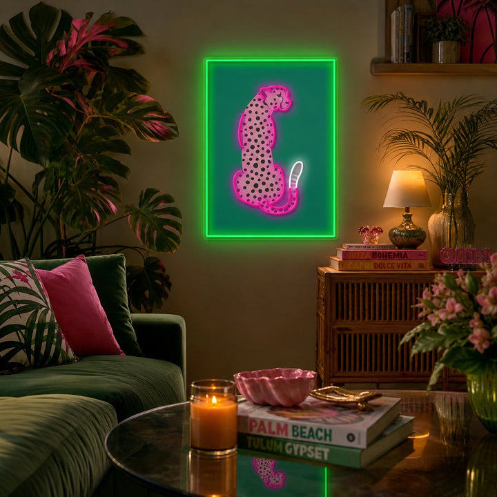 "Pink Leopard African Cheetah Tropical Pop Art" UV Print LED Neon Sign