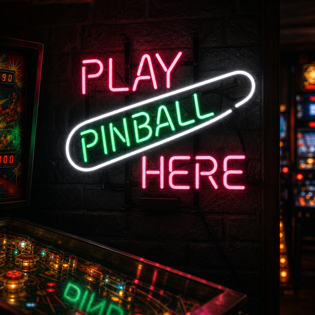 "Play Pinball Here Game Room" Neon Sign