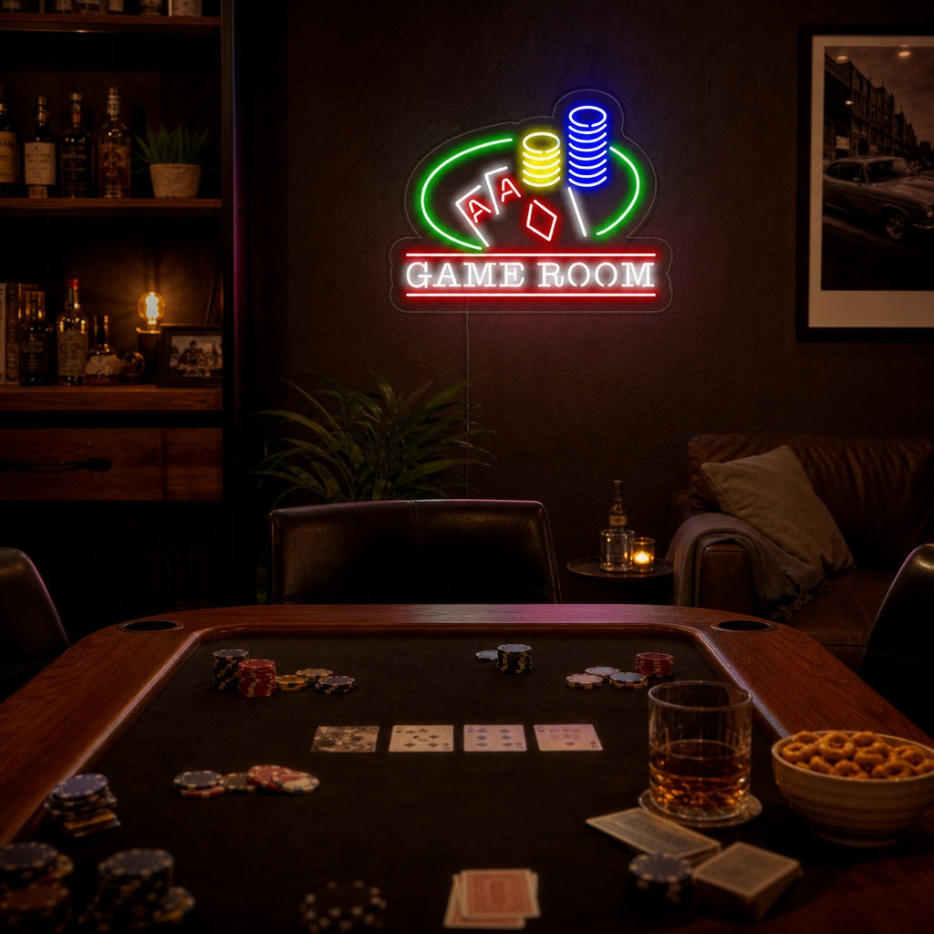 "Poker Chips Game Room Man Cave" Neon Sign