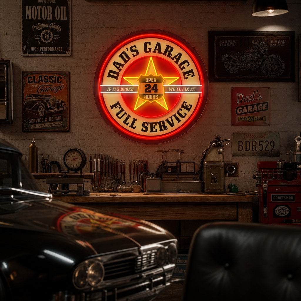 "Retro Dads Garage, Mobil Inspired" UV Print LED Neon Sign