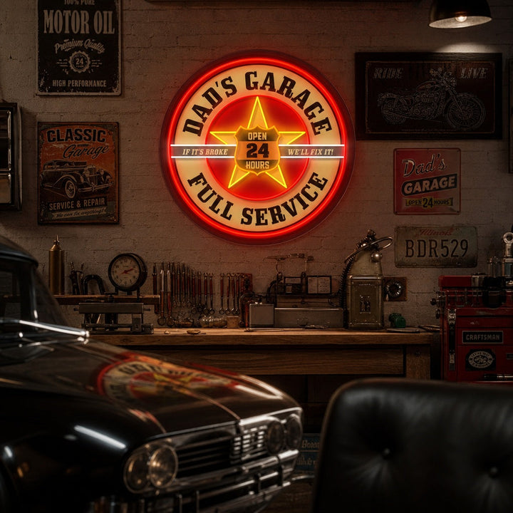 "Retro Dads Garage, Mobil Inspired" UV Print LED Neon Sign