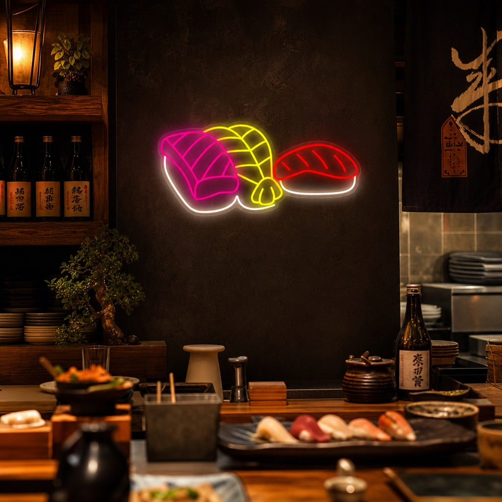 Shrimp Salmon Sushi Neon Sign, Japanese Restaurant Decor