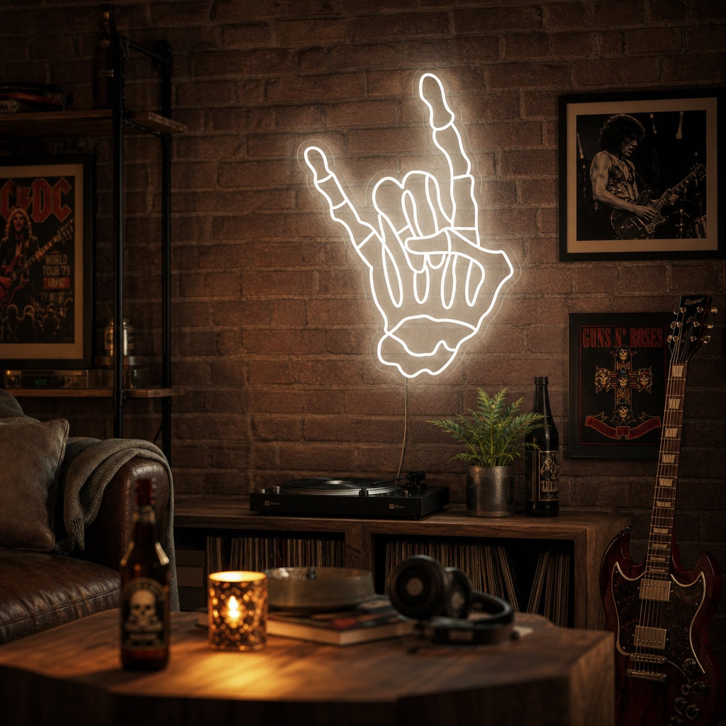 "Skeleton Hand Making Rock and Roll Gesture Skull" Neon Sign