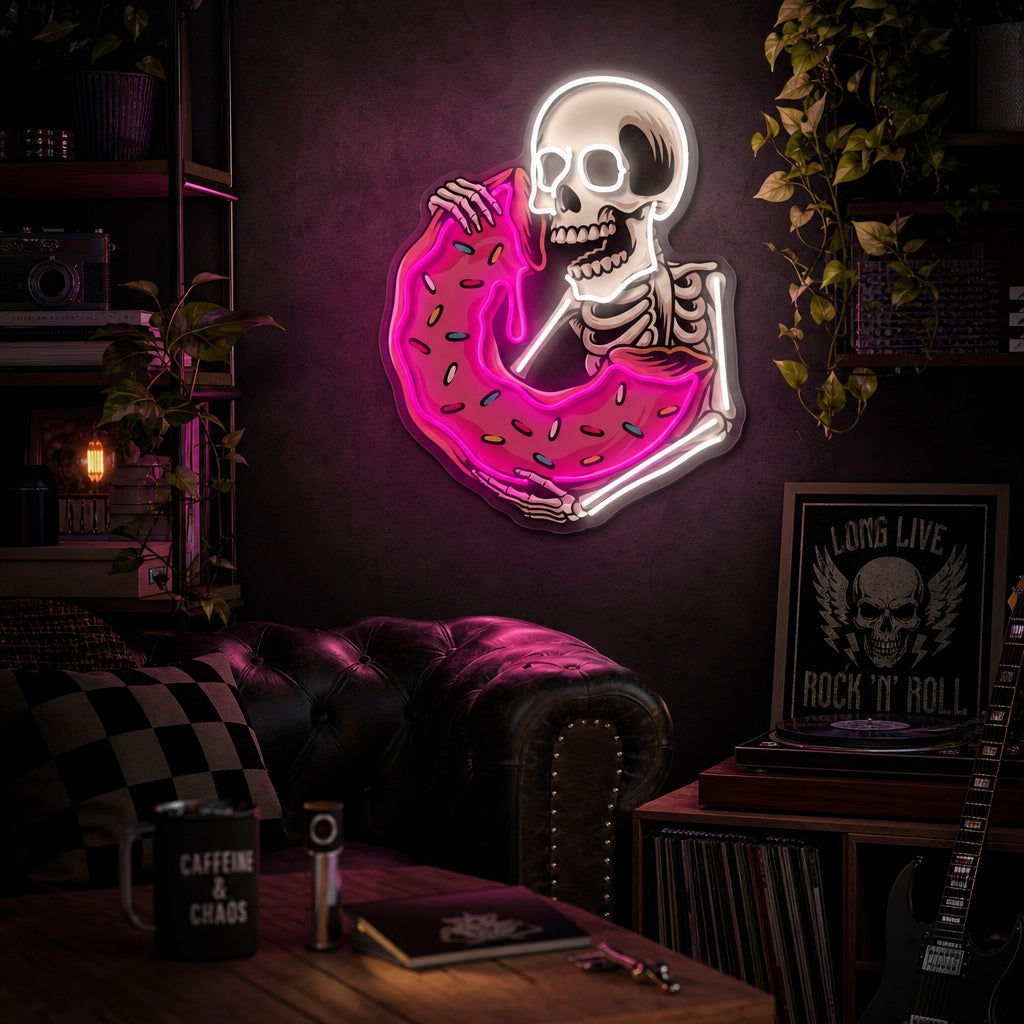 "Skull Eating Delicious Donut" UV Print LED Neon Sign