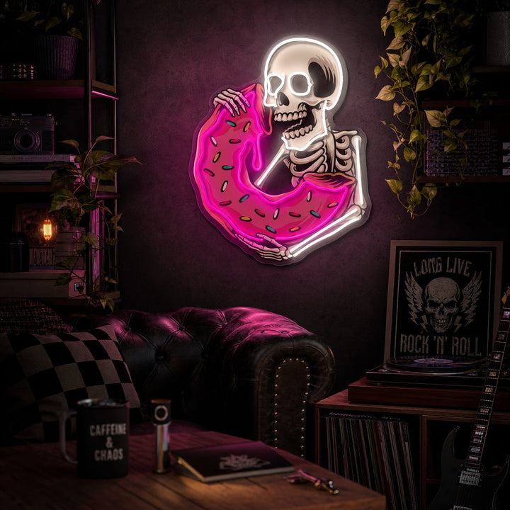 "Skull Eating Delicious Donut" UV Print LED Neon Sign