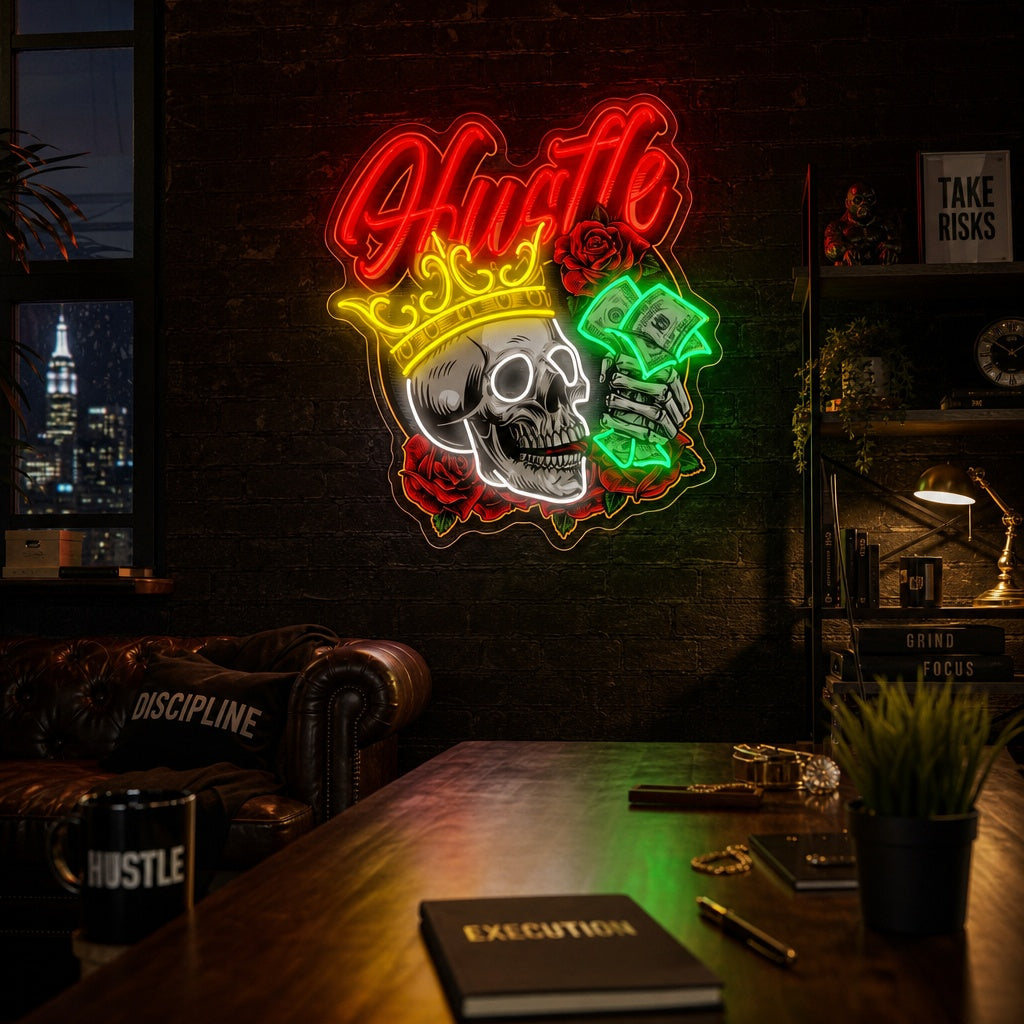 "Skull In Crown Roses Skeleton Hand Holding Dollar Banknotes" UV Print LED Neon Sign