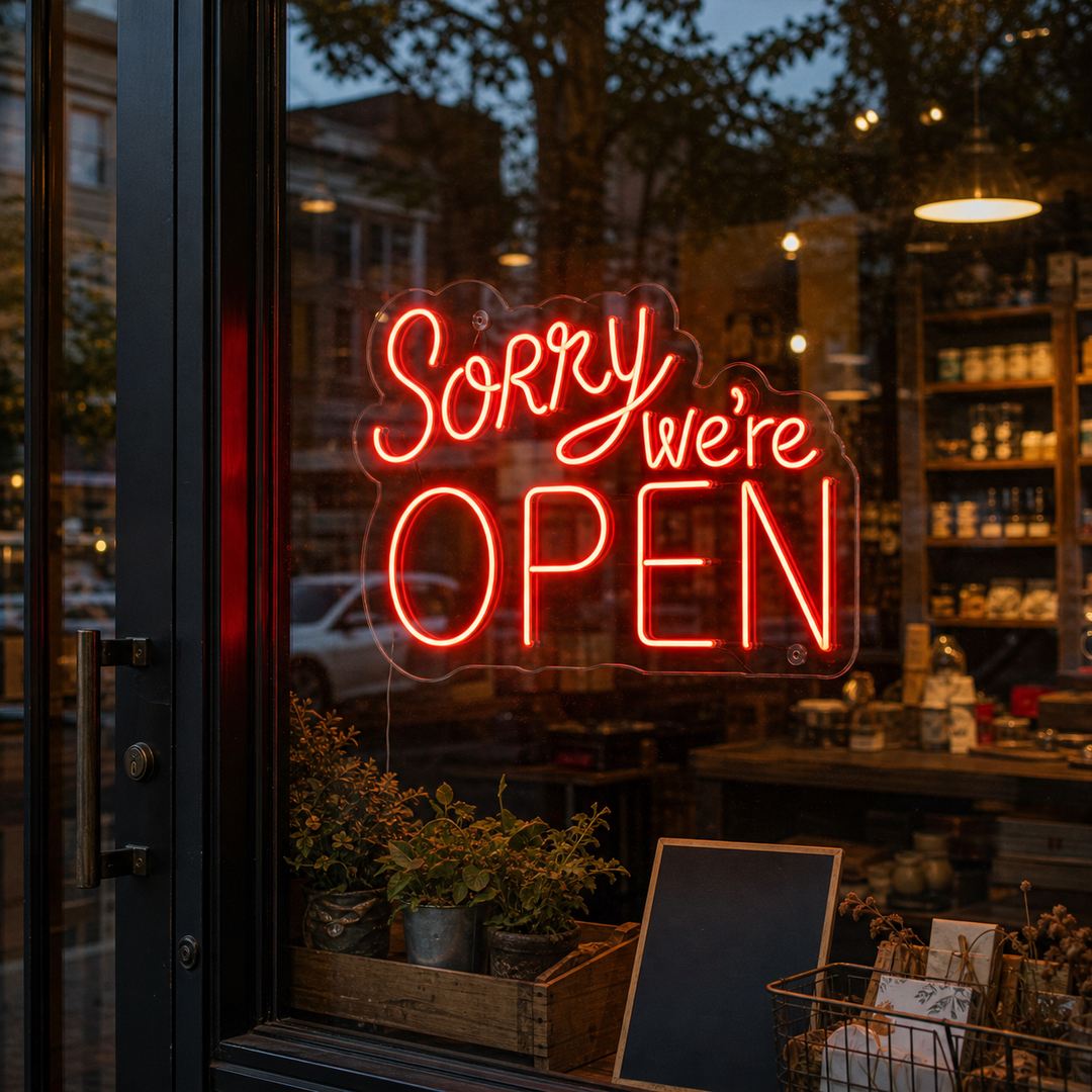 "Sorry We Are Open" Neon Sign