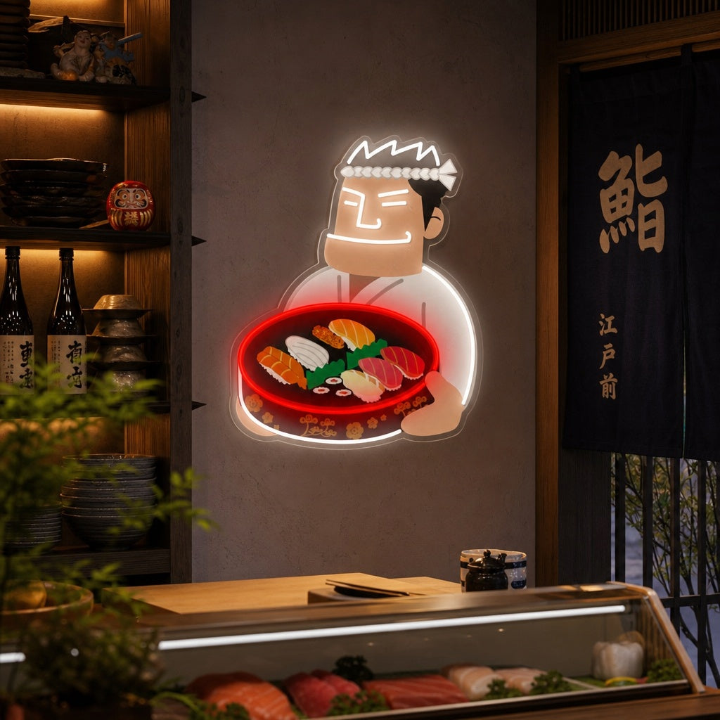 Sushi Chef Neon Sign, Japanese Restaurant Decor