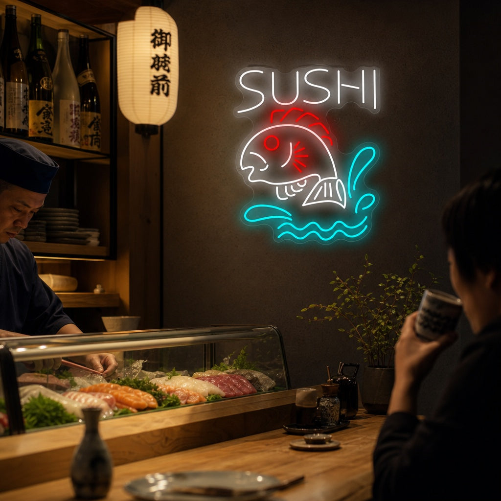 Sushi Fish Shop Neon Sign, Japanese Restaurant Decor