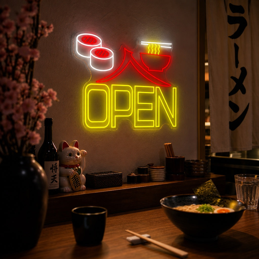 Sushi Ramen Open Neon Sign, Japanese Restaurant Decor