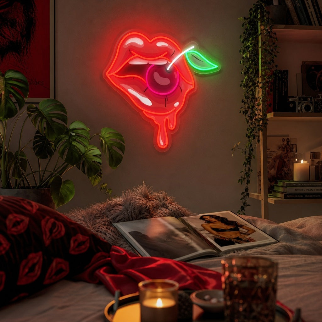 "Woman Lips With A Cherry" UV Print LED Neon Sign