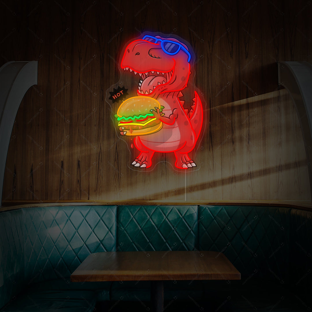 "Dinosaur Eating Burger" Neon Sign