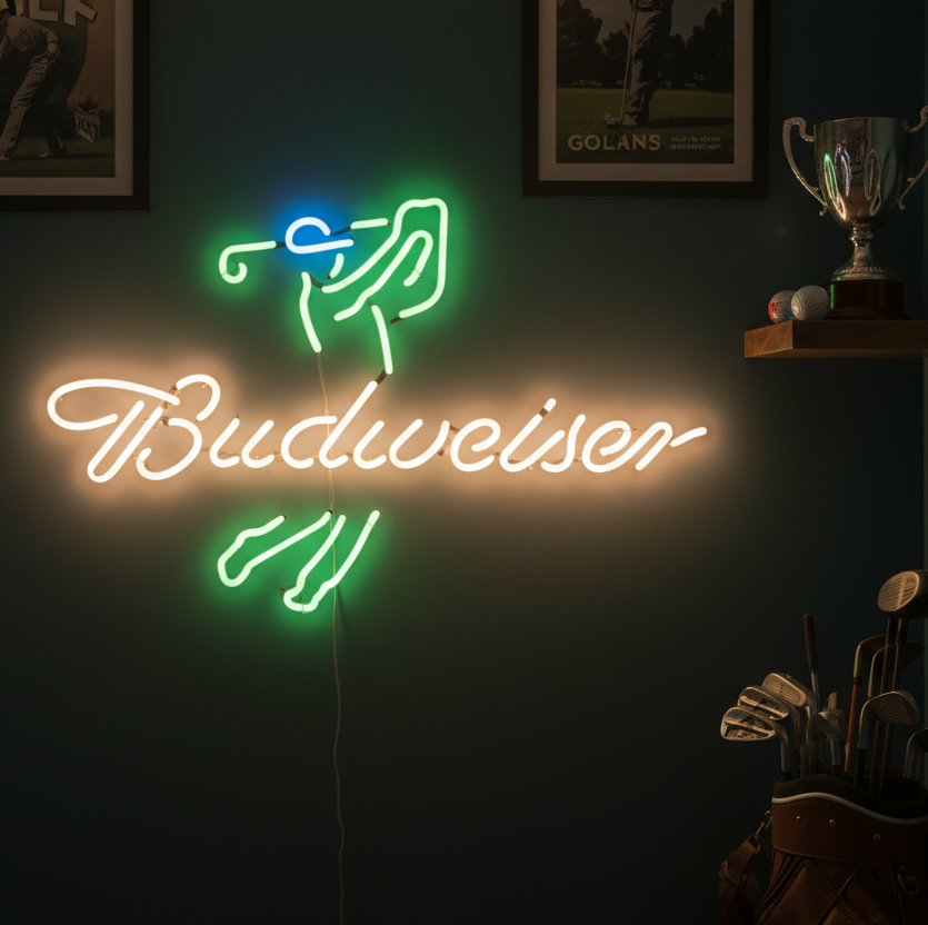 Neon sign with golfer silhouette and Budweiser script, combining golf and beer culture for game rooms and bars.