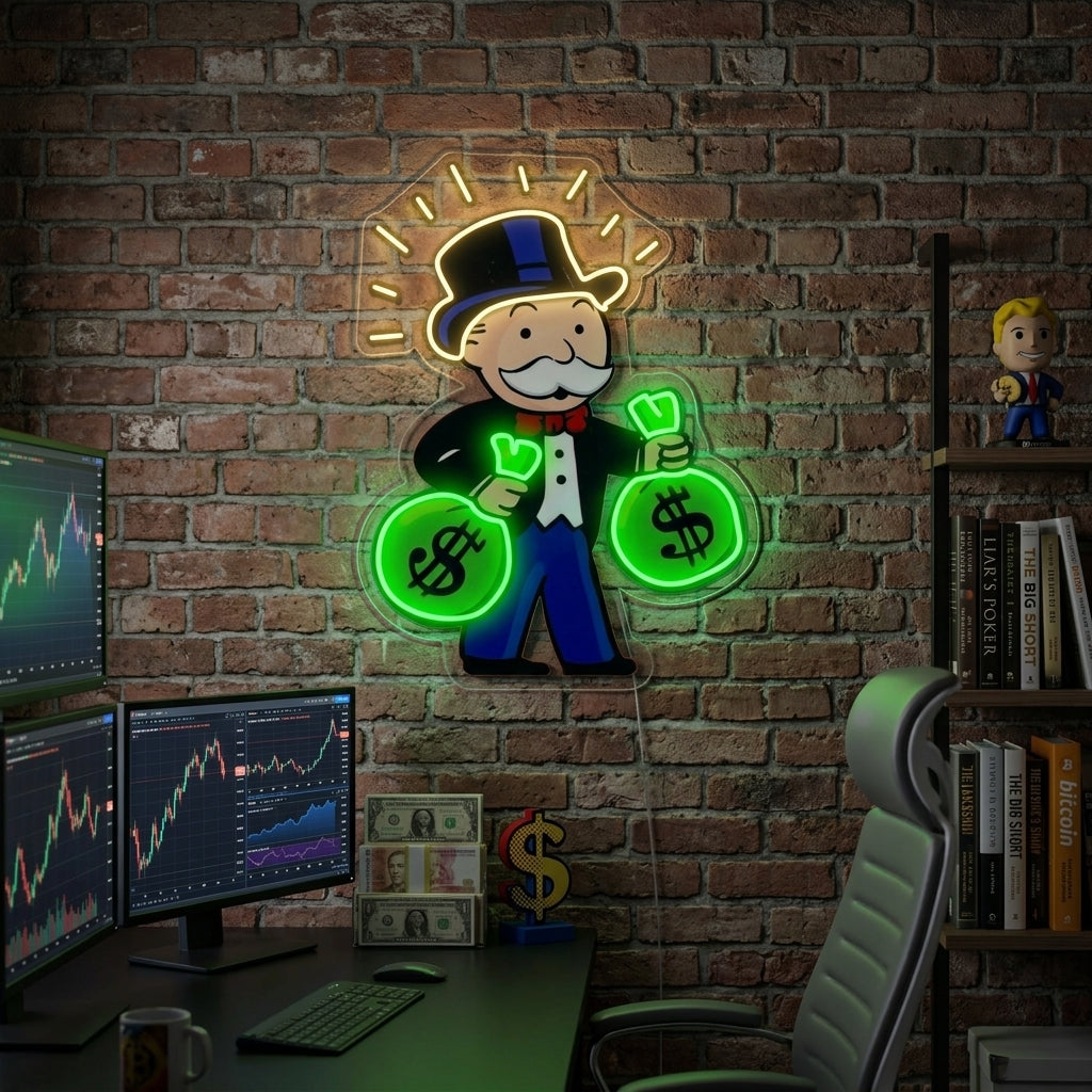"Monopoly Man with Money Bag" Neon Sign