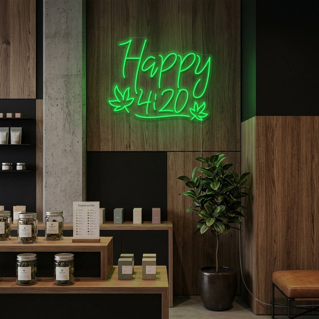 "Happy 420 Marijuana Leaf Cannabis Celebration" Neon Sign