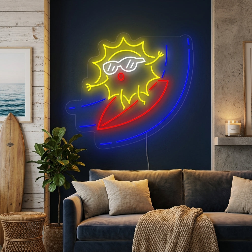 "Cartoon Sun on Surfboard" Neon Sign