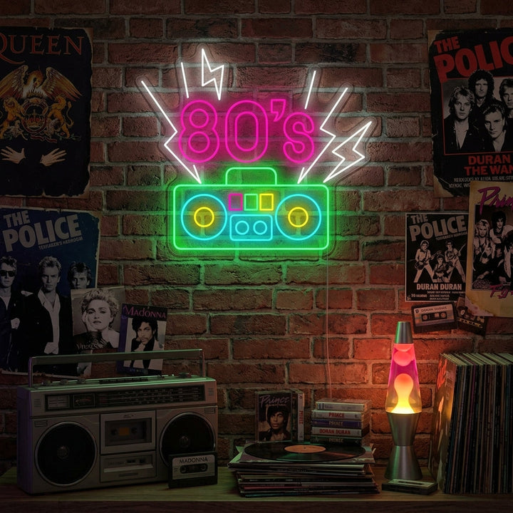 "80's Lettering With Cassette Player" Neon Sign