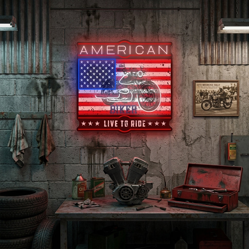 "American Biker Live To Ride" Neon Sign