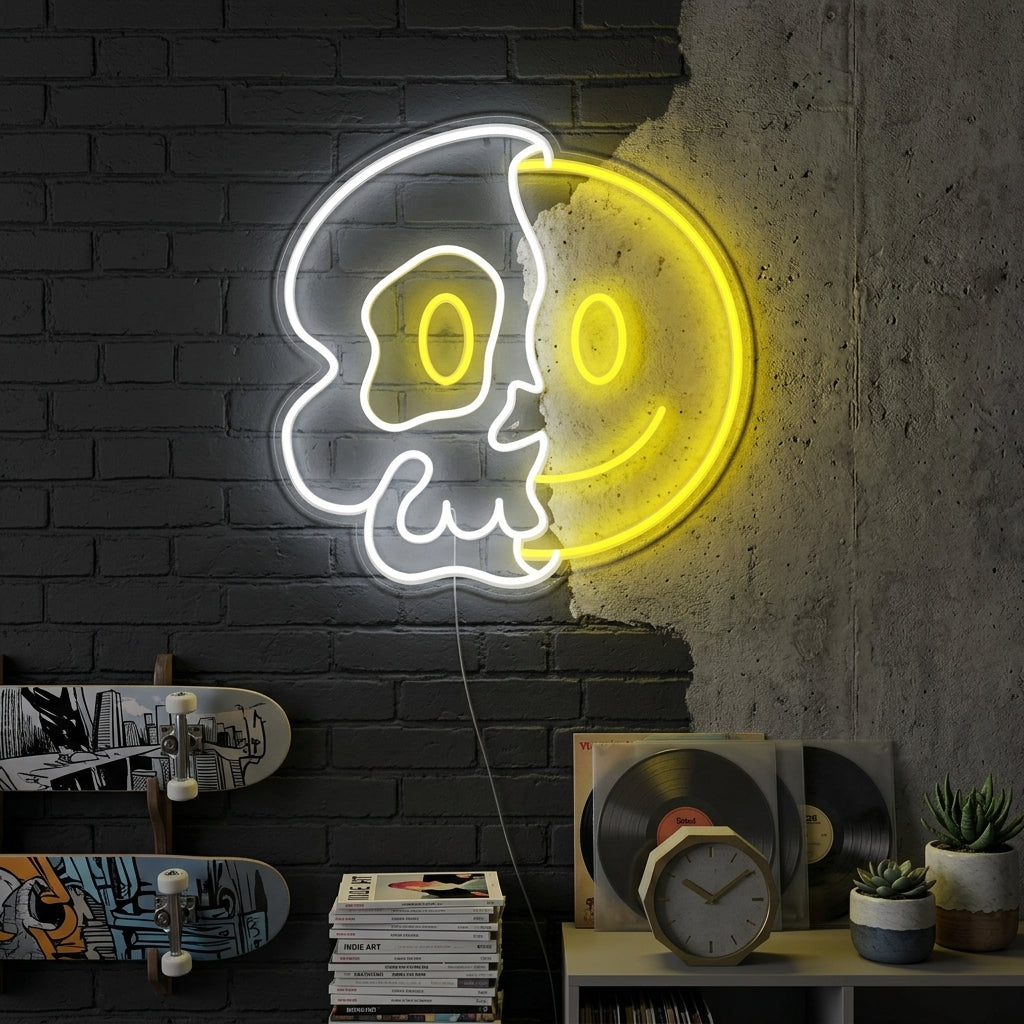 "Half of Skull with Smile Face UV Print" Neon Sign