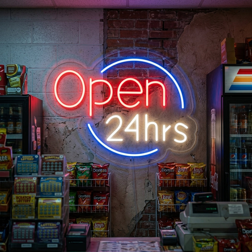 "Open 24 hrs" Neon Sign