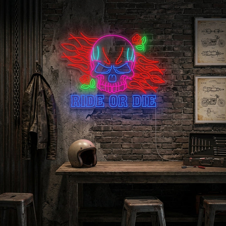 "Ride Or Die Lettering And Skull" Neon Sign
