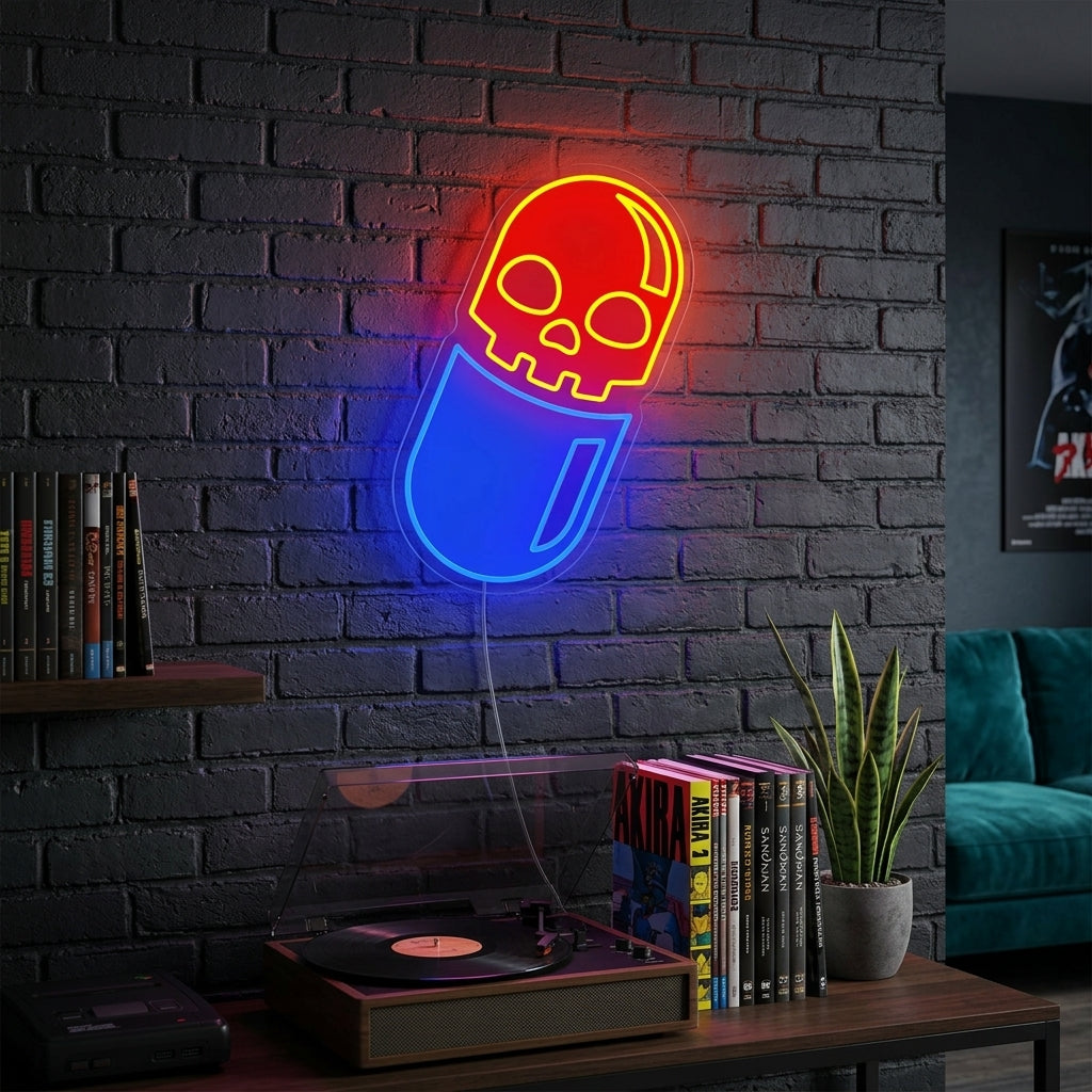 "Skull Pill UV Print" Neon Sign