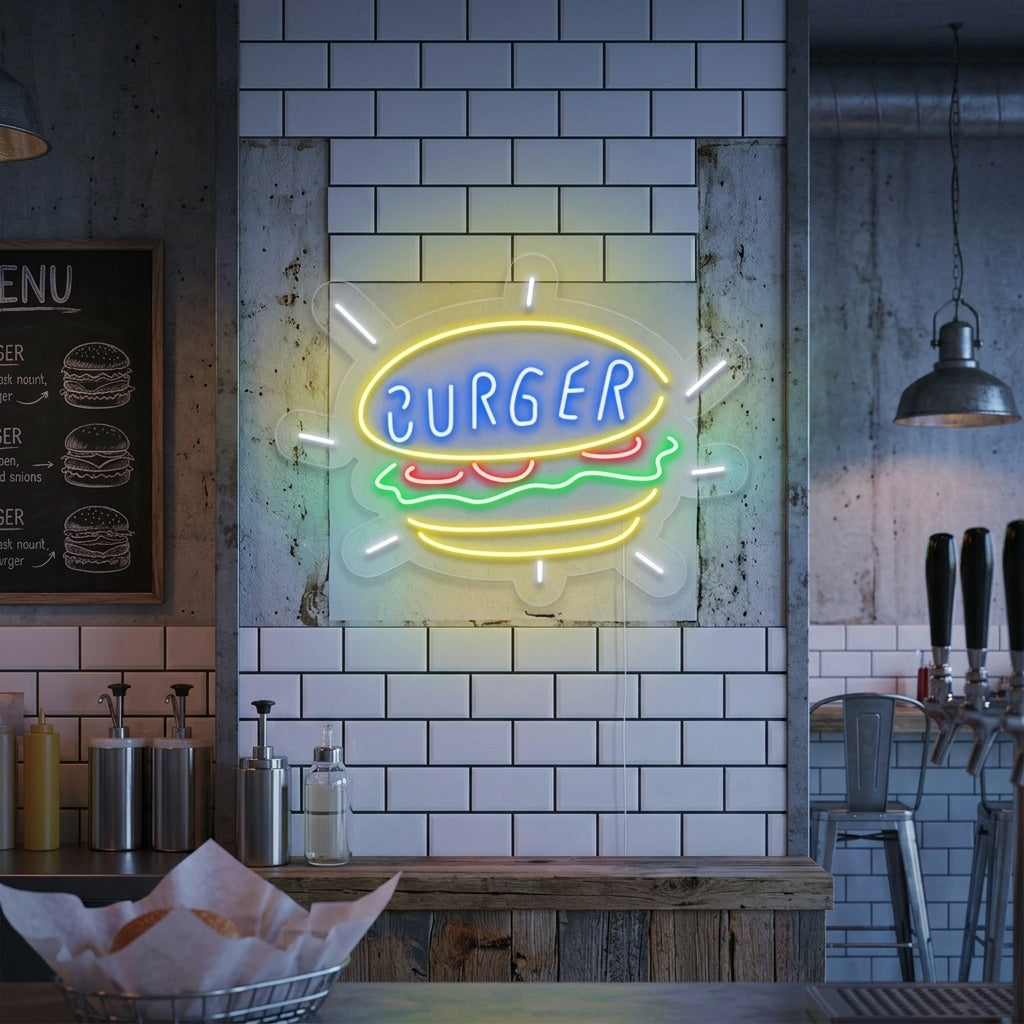 "Burger Food Shop Open" Neon Sign