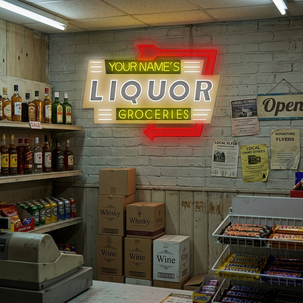 "Custom Liquor Groceries" Neon Sign