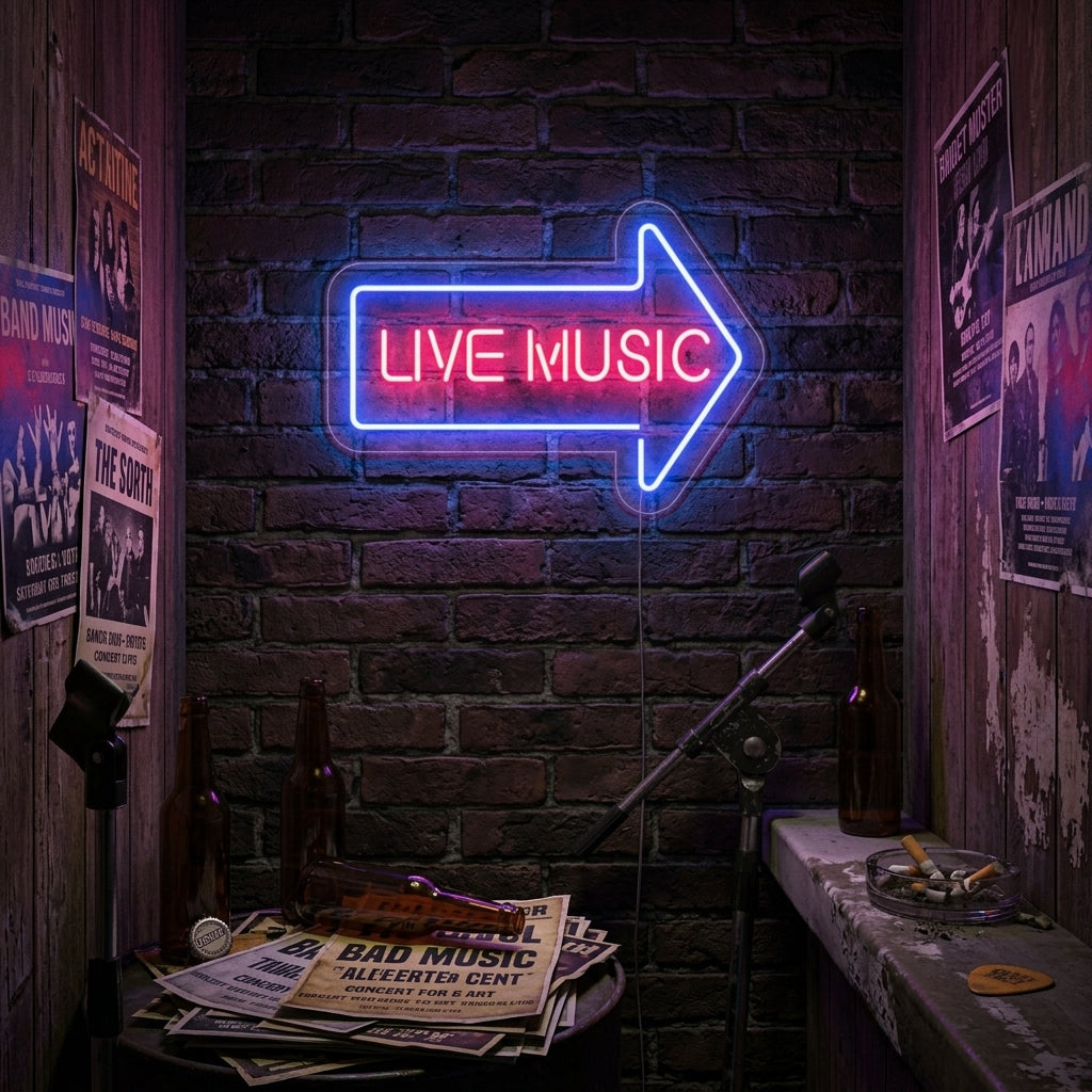 "Live Music Arrow" Neon Sign