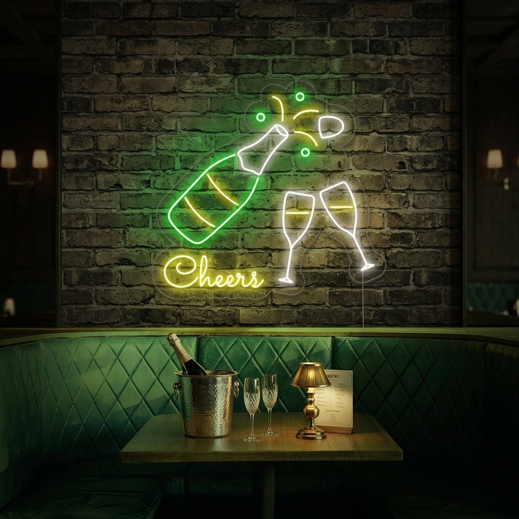 "Champagne Bottle Glasses Cheers" Neon Sign