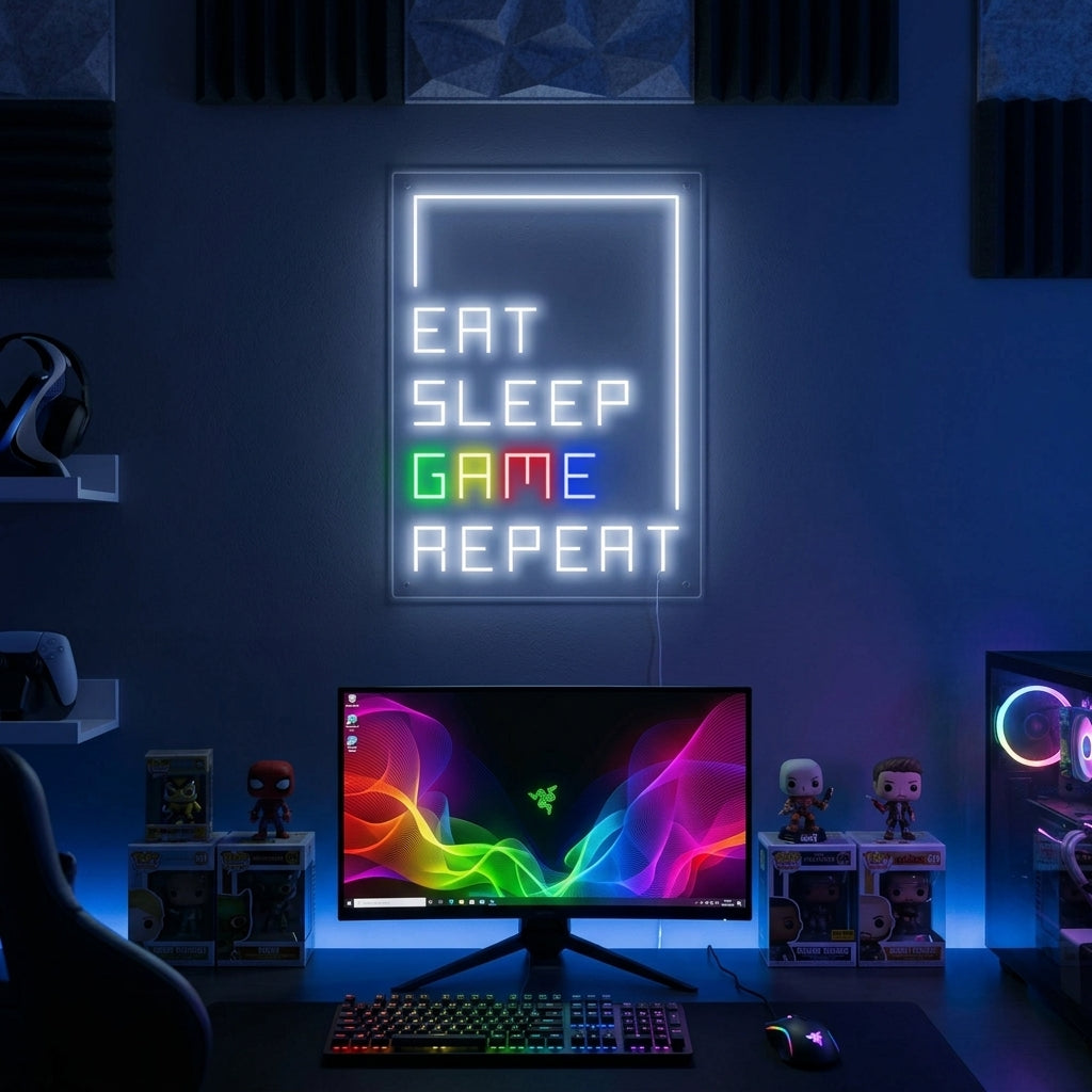 "Eat Sleep Game Repeat, Gaming Wall Decor" Neon Sign