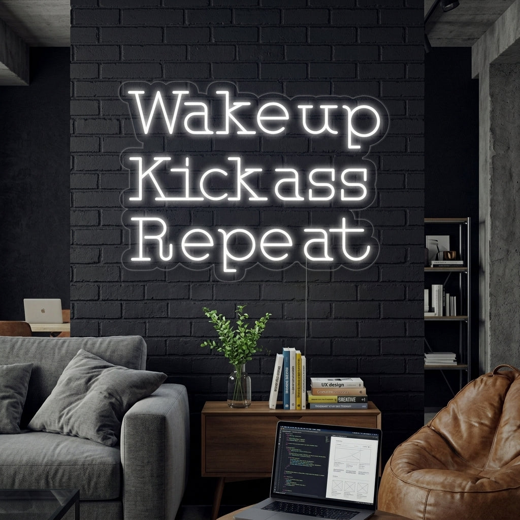 "Wake Up Kick Ass Repeat" Neon Sign