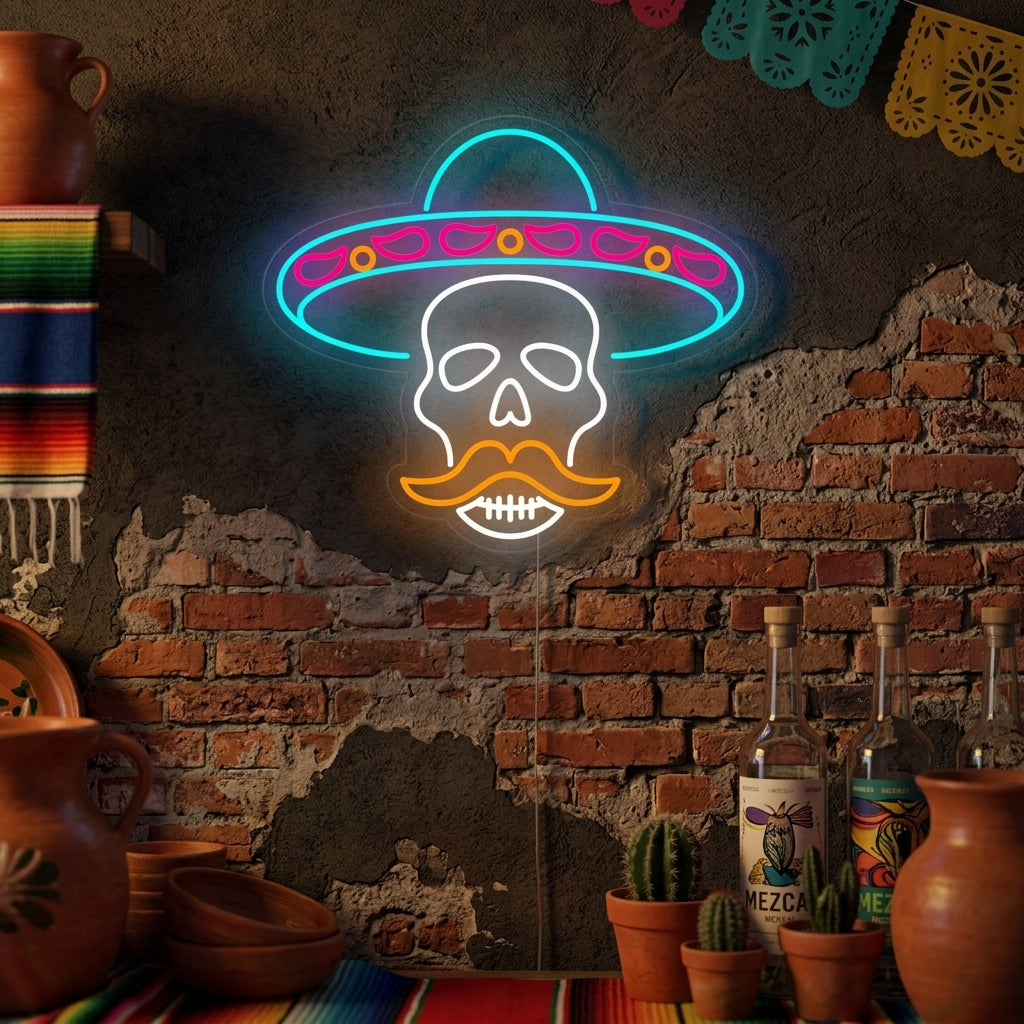 "Skull in Sombrero for Day of the Dead" Neon Sign