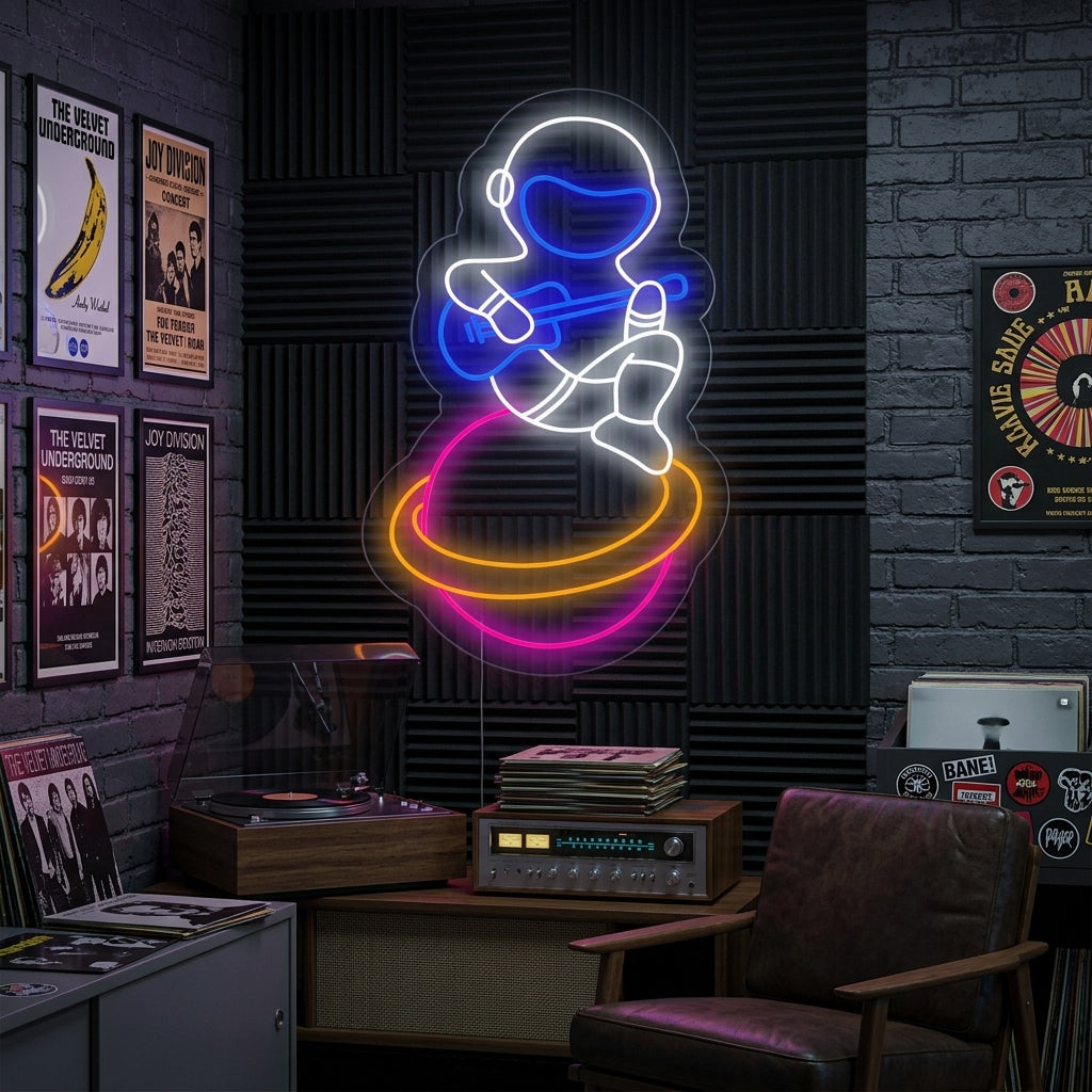 "Musician Spaceman Astronaut Sitting On Planet" Neon Sign