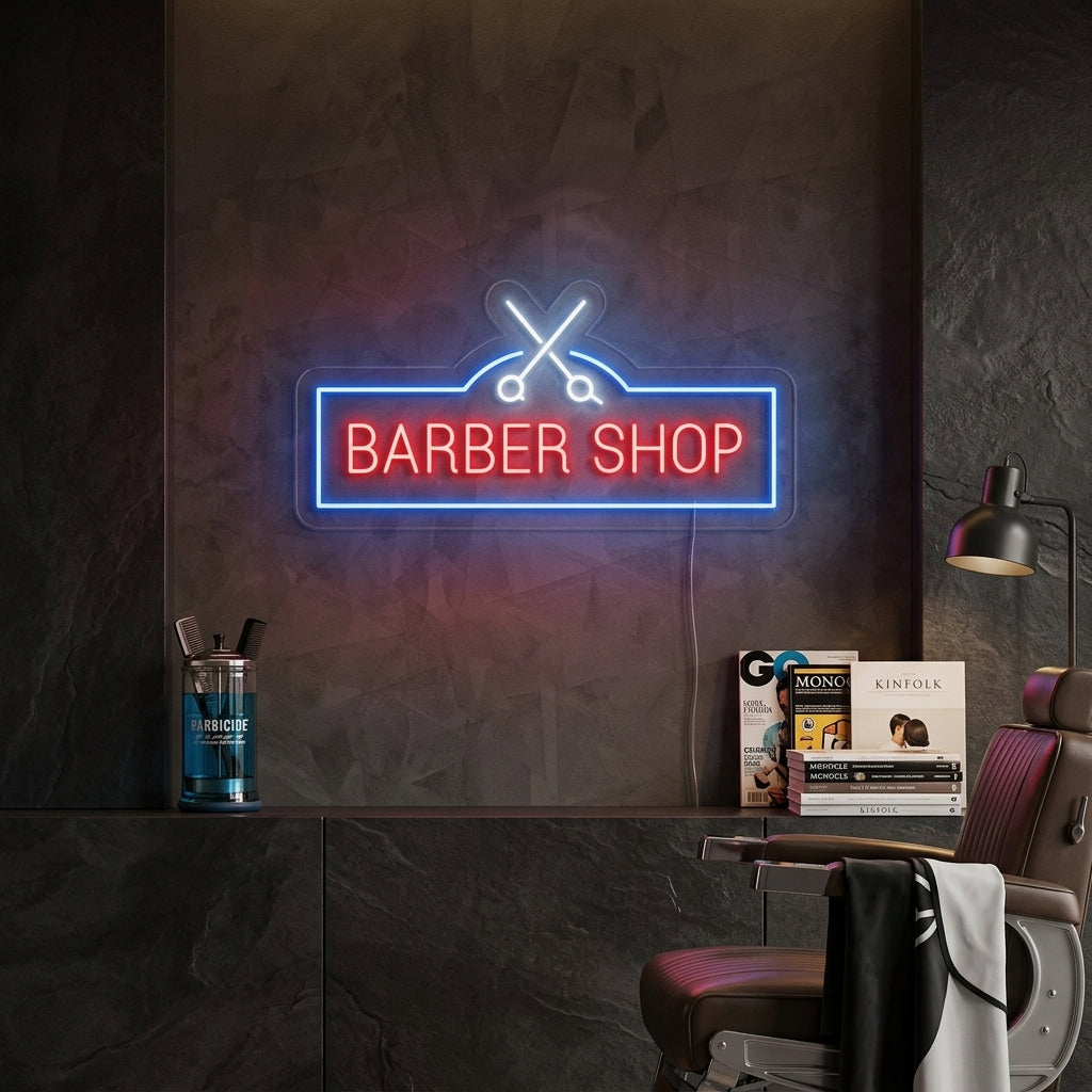 "Barber Shop With Barber Scissors" Neon Sign