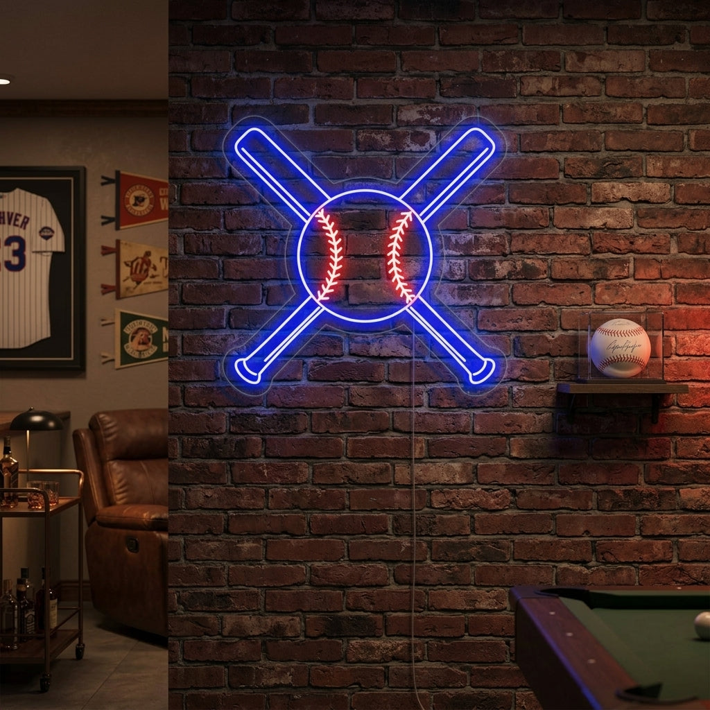 "Baseball Crossed Bats with Ball" Neon Sign