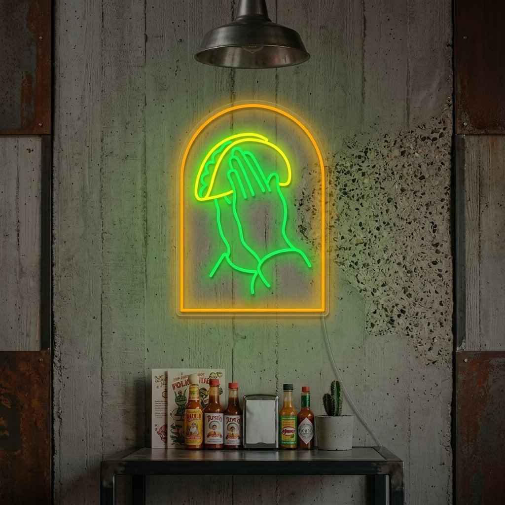 "Praying Hands With Tacos" Neon Sign