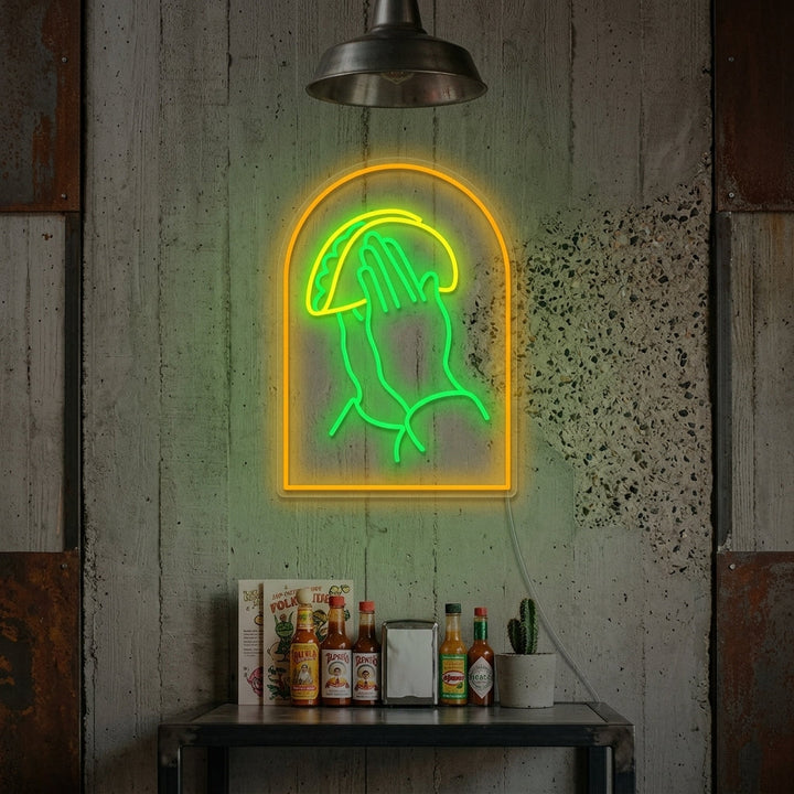 "Praying Hands With Tacos" Neon Sign