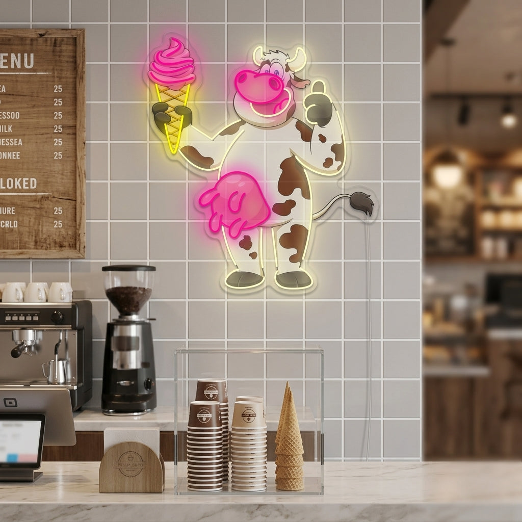 "Cute Cow With Ice Cream" Neon Sign