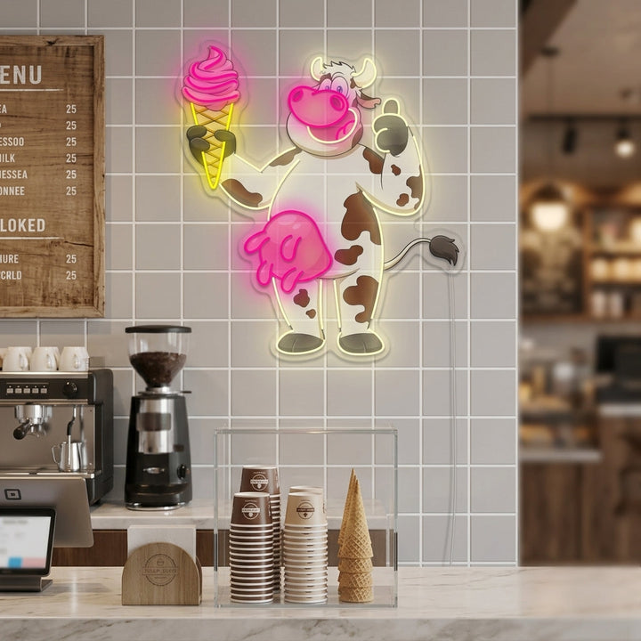 "Cute Cow With Ice Cream" Neon Sign