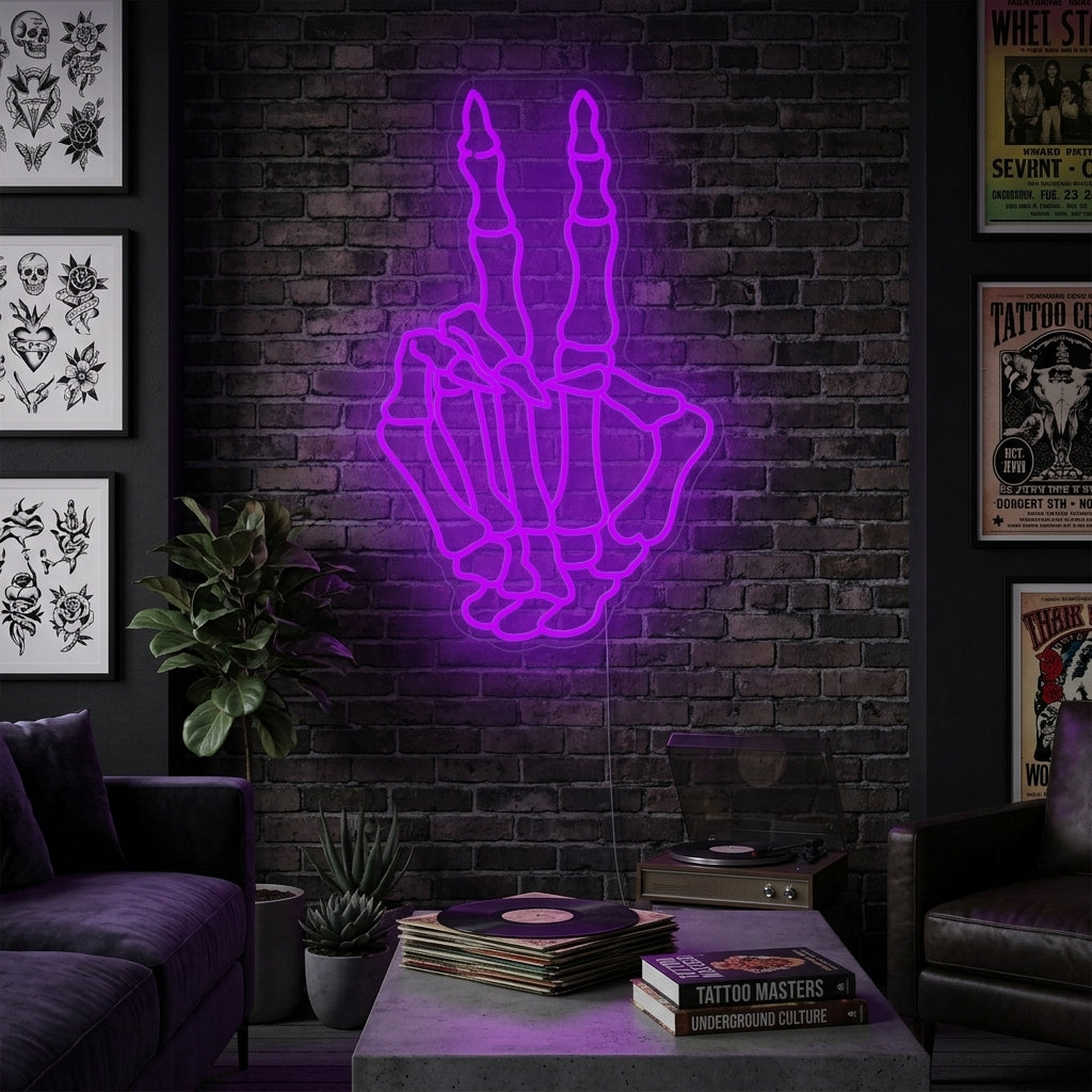 "Skeleton Hand Making Peace Sign Gesture Skull" Neon Sign