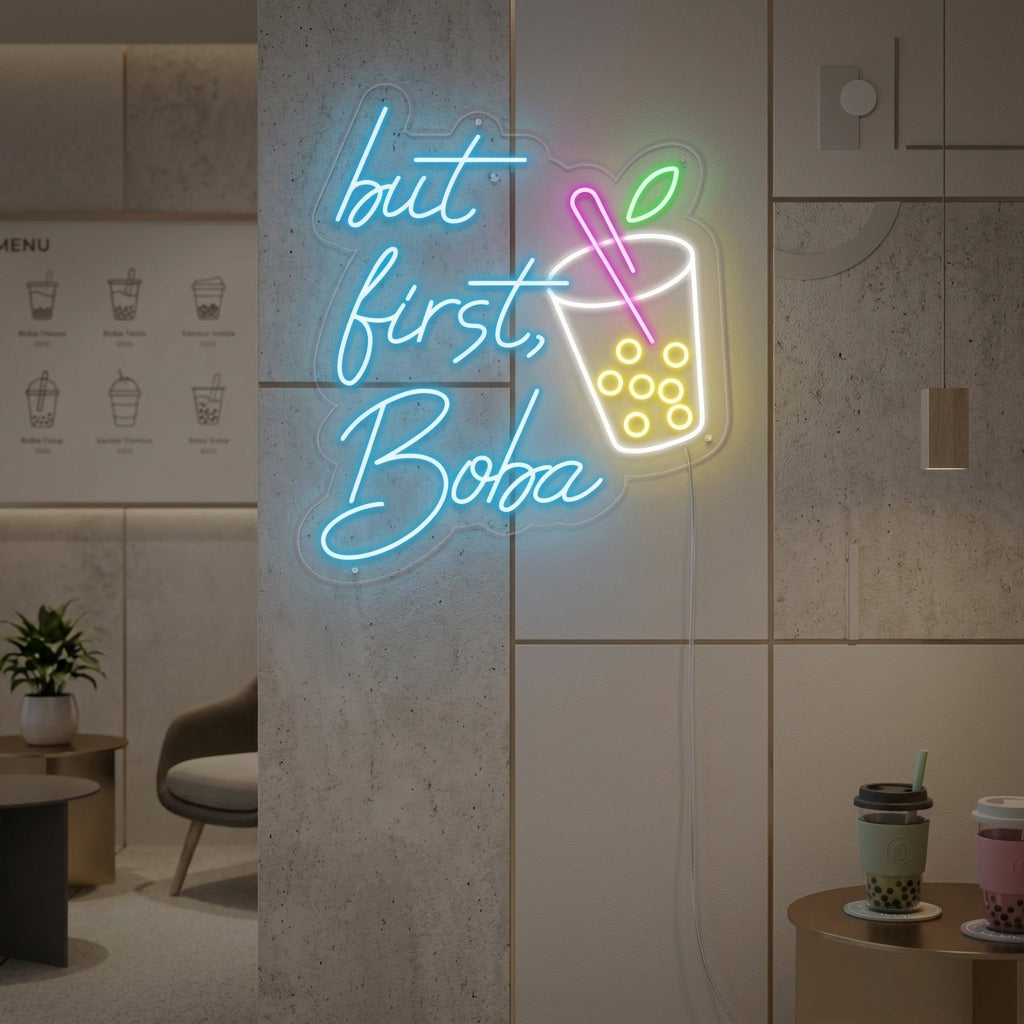 "But First Boba with Cup" Neon Sign