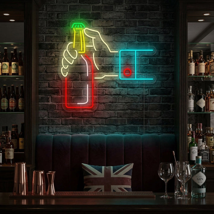 "Hand Opening Beer Bottle" Neon Sign