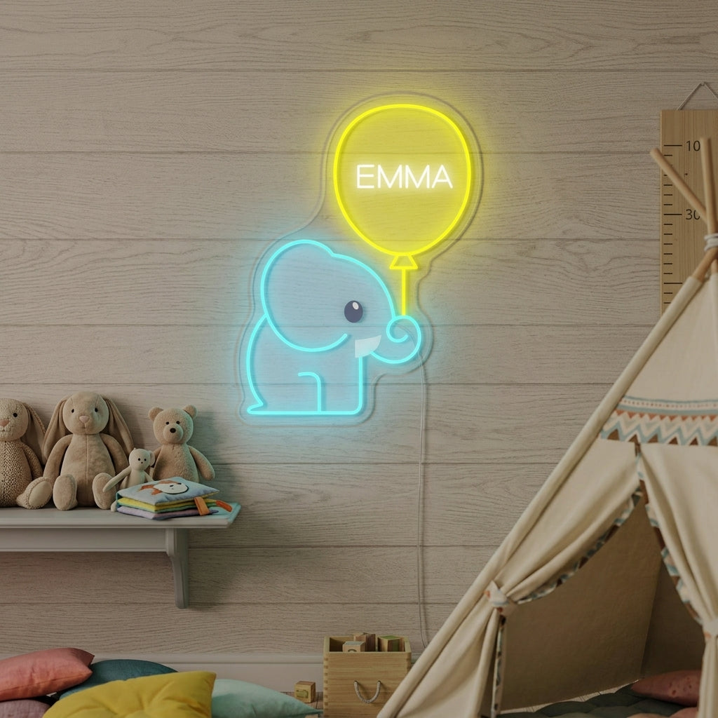 "Custom Name Elephant Balloon, Kids Room Decor" Neon Sign