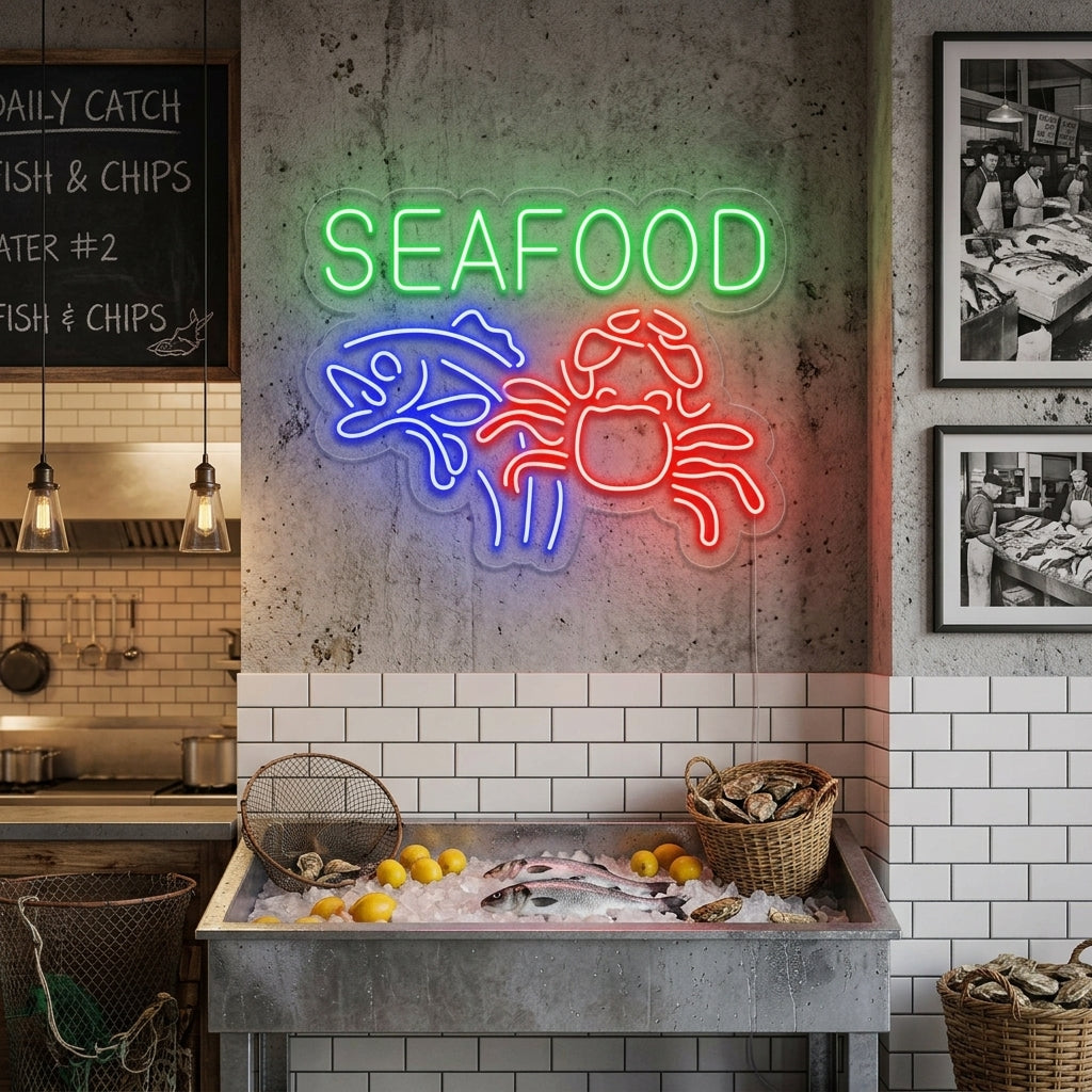 "Seafood Crab Fish" Neon Sign