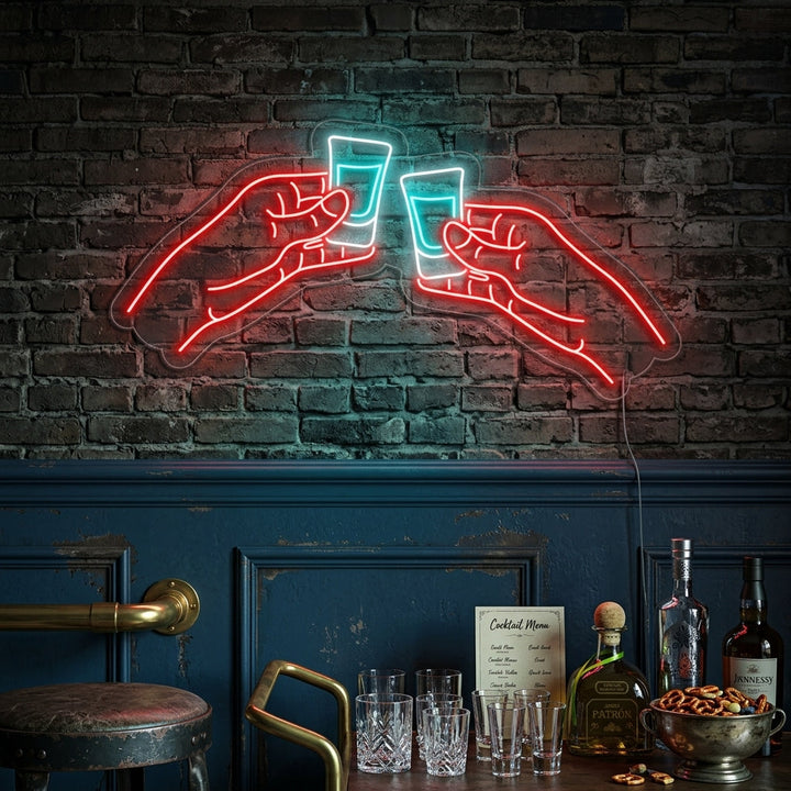 "Two Hands Clinking Vodka or Tequila Shots Bar" Neon Sign