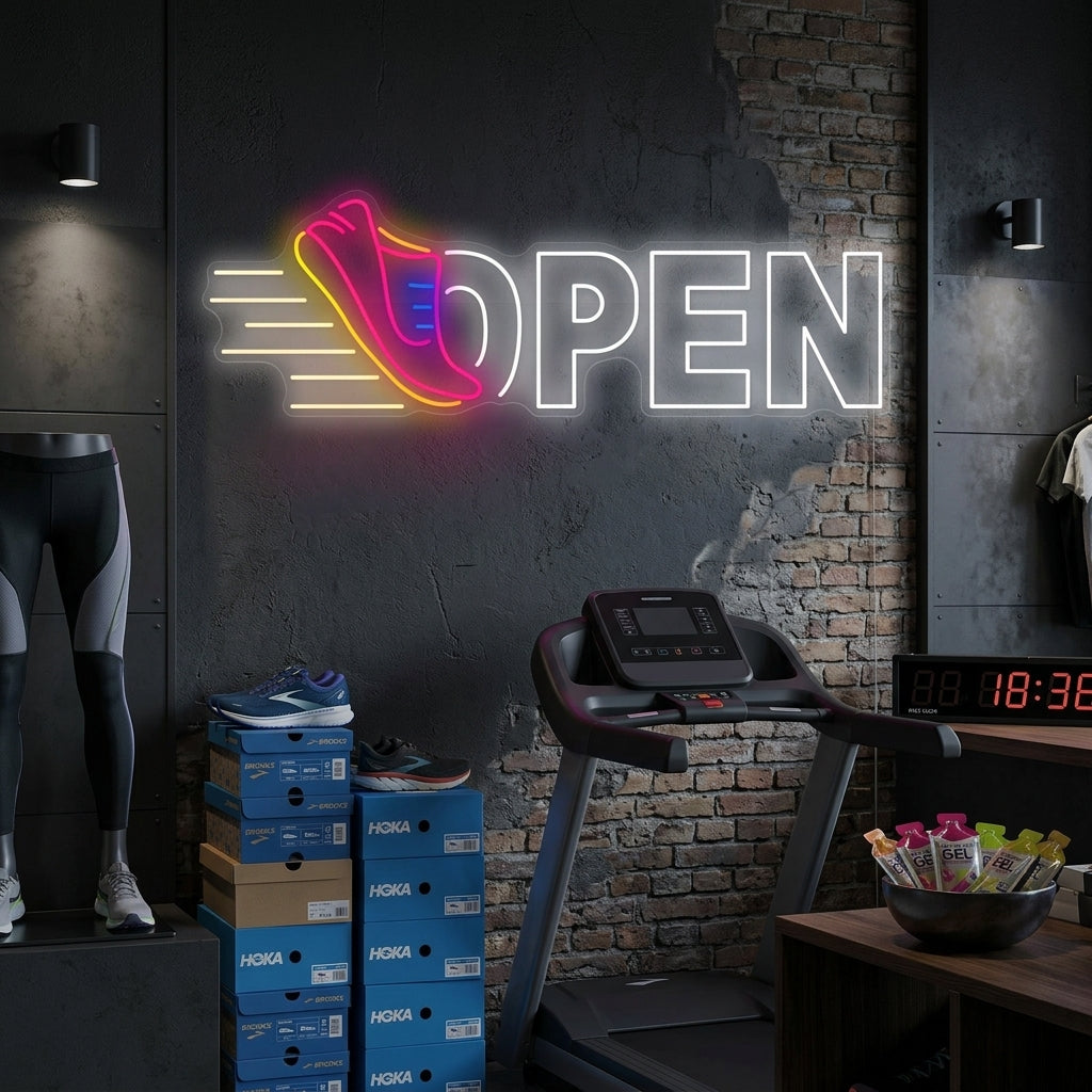 "Running Shoes Open" Neon Sign