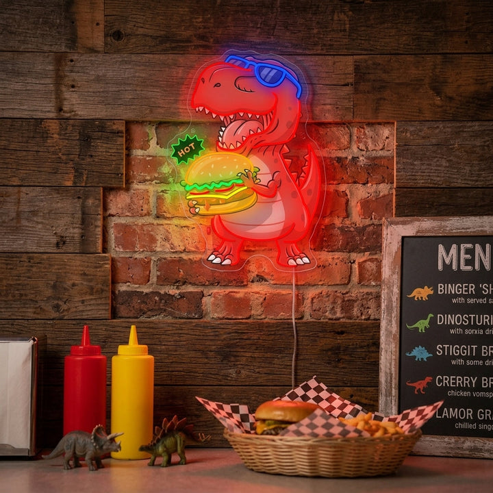 "Dinosaur Eating Burger" Neon Sign
