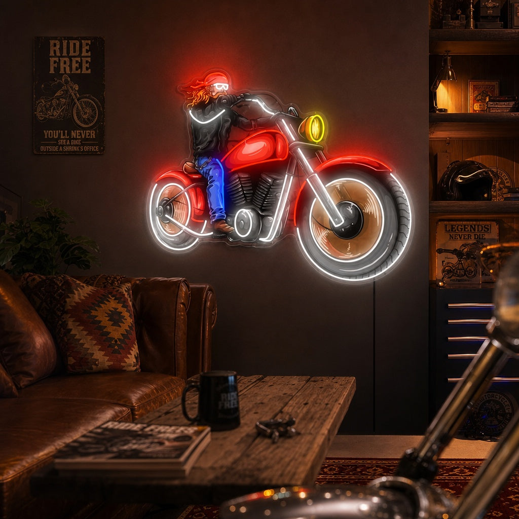 "Man And Classic Retro Motorbike" Neon Sign