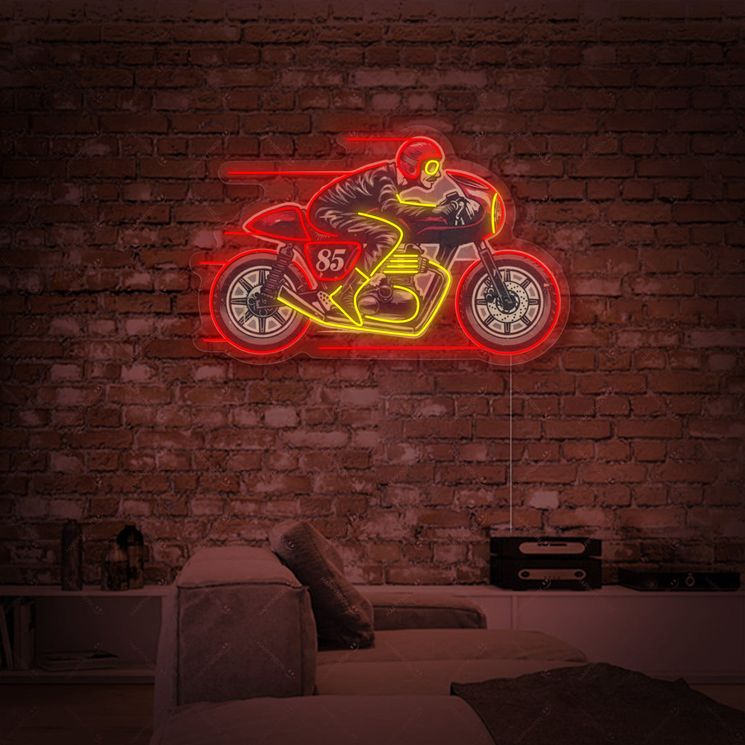 "Man Riding Old Cafe Racer Motorcycle" Neon Sign